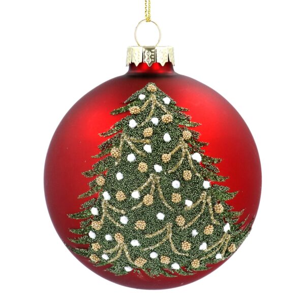 A red Christmas bauble with a glittery green and gold decorated tree design.