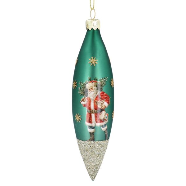 A green elongated Christmas ornament with a glittery bottom and an image of Santa Claus in the center, surrounded by small gold snowflakes.