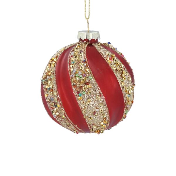 A red and gold striped Christmas ornament with glittering embellishments, hanging by a thin gold string.