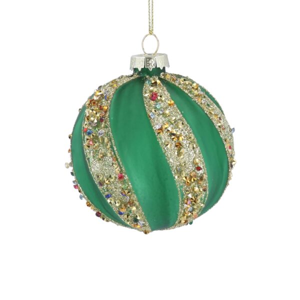 Opaque Green Bauble with Gold Glitter Segments & Multicoloured Jewels This opaque, green glass Christmas tree bauble is by talented designer Gisela Graham. The green, glass bauble is round with Gold glitter segments that spiral around the body of the bauble. Each gold segment is highlighted by multicolored gems. Bauble is 80 mm wide and hangs from a gold string.