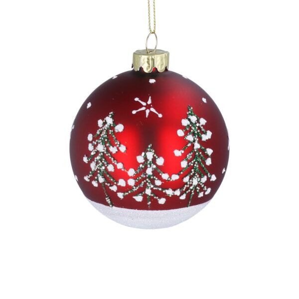 Red Christmas tree ornament with green and white tree designs and snow pattern, hanging from a gold loop.