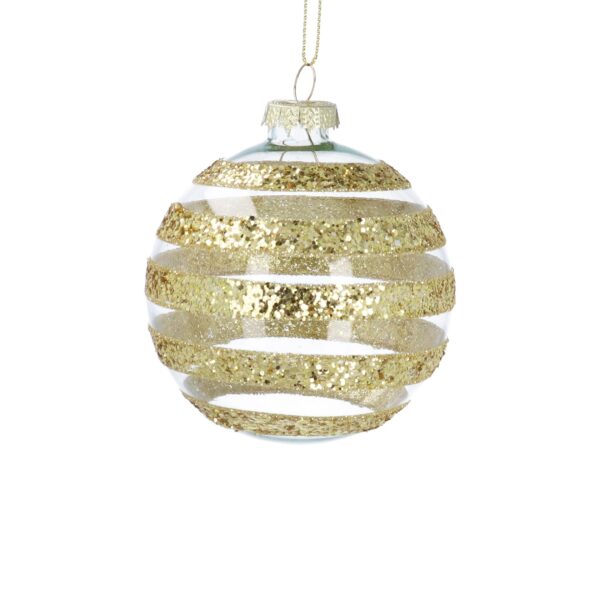 A spherical Christmas ornament with gold glitter stripes and a hanging loop.