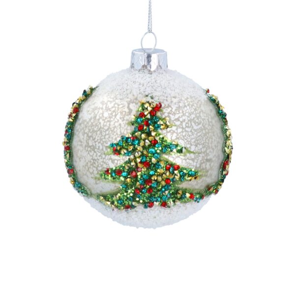 A round Christmas ornament with a glittery green and red tree design on a white background.