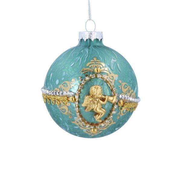 A turquoise Christmas ornament featuring a gold cherub design with decorative details, hanging by a silver string.