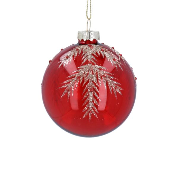 A red Christmas ornament with gold glitter fern designs and a gold cap on top.