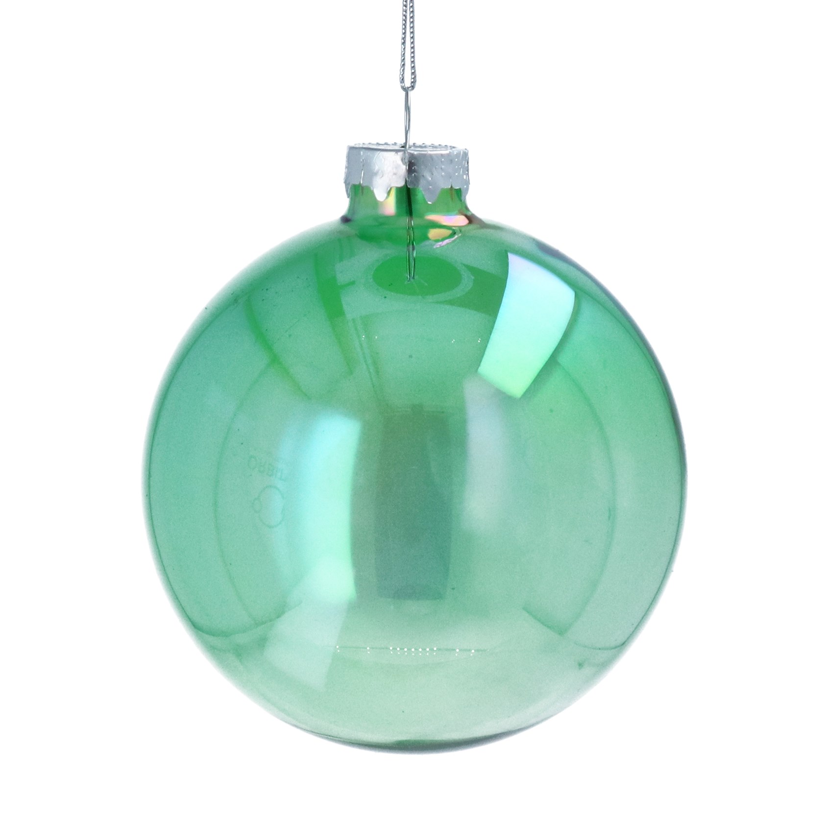 Large Green Iridescent Translucent Glass Bauble -10cm This pretty large Green Iridescent Translucent glass bauble is by designer Gisela Graham. This translucent green glass bauble has an iridescent finish with gives it a petrol effect. Giving of hints of warm green shades and colours, it is a stunning addition to you tree. Bauble is 10cm