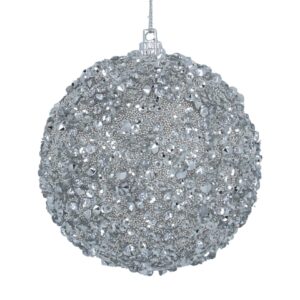 Silver ornamental bauble covered in small crystals and beads, hanging from a thin wire against a plain white background.