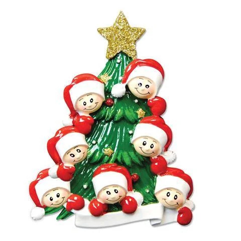 Christmas Tree with 7 Faces Personalised Christmas Tree Decoration A gift for the whole family with this Christmas Tree with 7 Faces Personalised Christmas Tree Decoration. Each smiley face on this family Christmas wears a glittery red Santa hat with a large white band.Individual names can be put on the hats while there is a white banner at the bottom for a family name or festive message. Let us know what you would like added! PLEASE EMAIL theelves@theoldechristmasshoppe.co.uk AND TELL US THE NAME YOU WOULD LIKE ADDED TO THIS PERSONALISED DECORATION