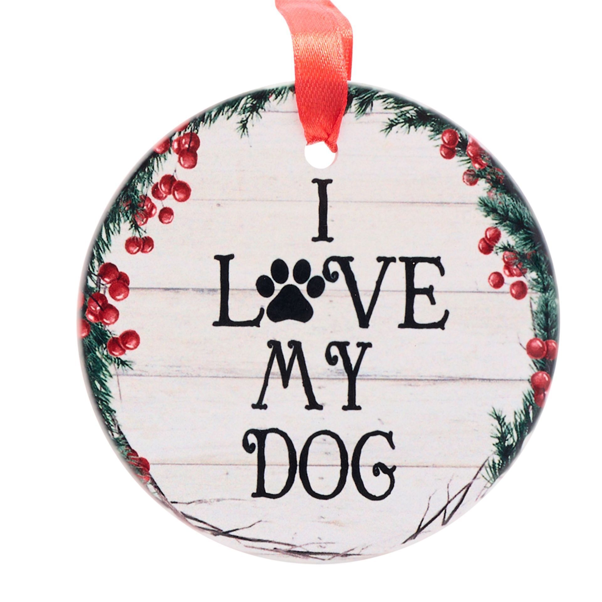 I Love My Dog Ceramic Hanging Decoration A round, flat, ceramic hanging decoration with "I love my Dog" printed on the front. 9cm in diameter, with a printed decal and finished with a red ribbon. A simple but effective statement of affection, for any dog lover.